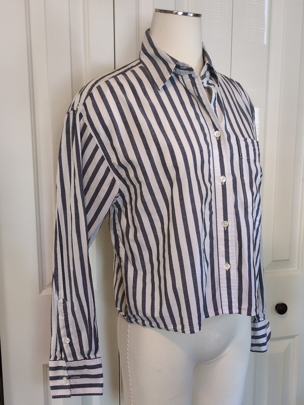 Banana Republic White and Navy Striped Button-Down Shirt